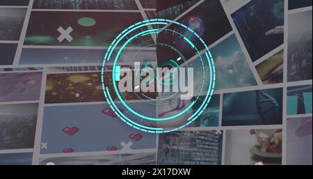 Image of 6g text on rotating circular scope and white crosses over clips on composite screen Stock Photo