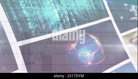 Image of charts and data processing over various clips playing on composite screens Stock Photo