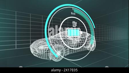 Image of battery level over electric car project on navy background Stock Photo