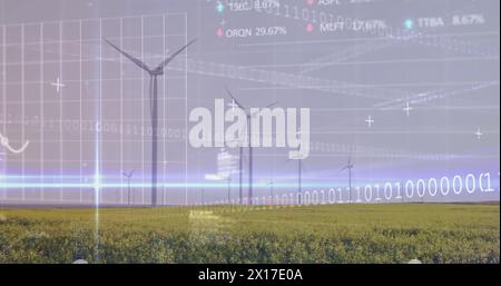 Image of statistical, stock market data processing over spinning windmills on grassland Stock Photo