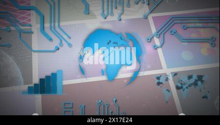 Image of blue globe, circuits and charts over colourful clips playing on composite screens Stock Photo