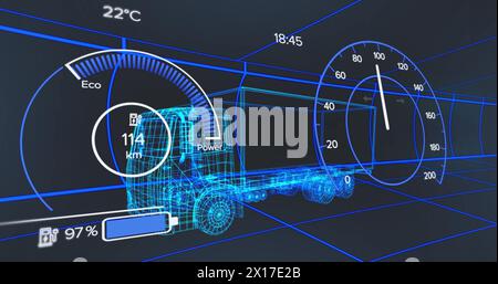 Image of speedometer over electric truck project on navy background Stock Photo