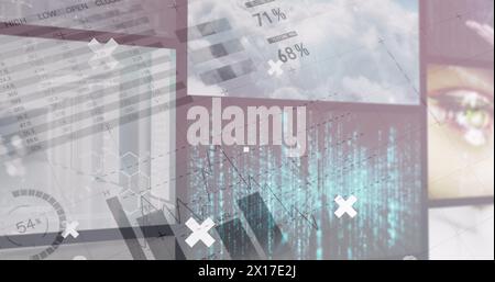 Image of black and white charts and data over various clips playing on composite screens Stock Photo