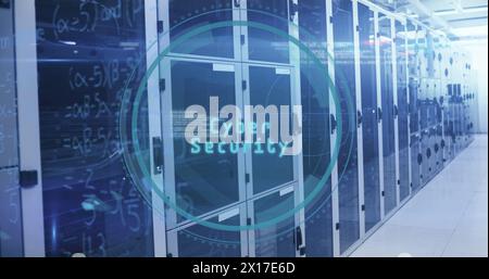 Cyber security text over round scanner against empty computer server ...