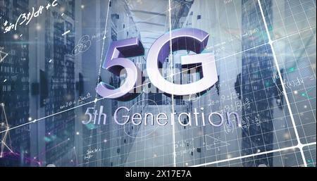 Image of 5g text banner mathematical equations over grid network against computer server room Stock Photo