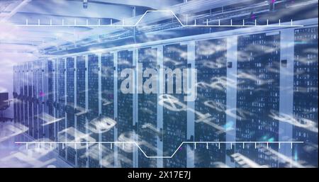 Image of interface with binary coding and mathematical equations against server room Stock Photo
