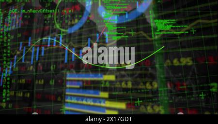 Financial and statistical data processing against tall buildings in background Stock Photo