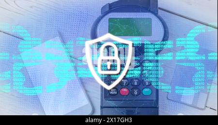 Image of block chain and security padlock on shield over payment terminal Stock Photo