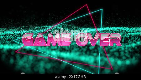 Image of game over text in metallic pink letters with triangles over green glowing mesh Stock Photo