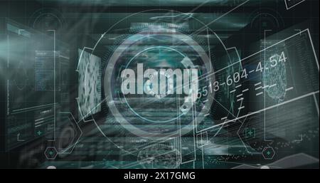 Image of digital screens with data processing on dark green background Stock Photo