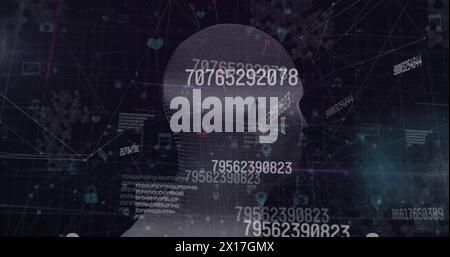 Image of three dimensional human model rotating with numbers and various signs Stock Photo