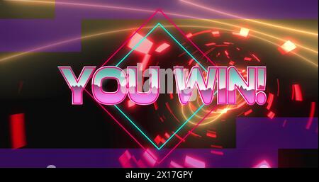 Image of you win text banner over neon red glowing tunnel in seamless pattern Stock Photo