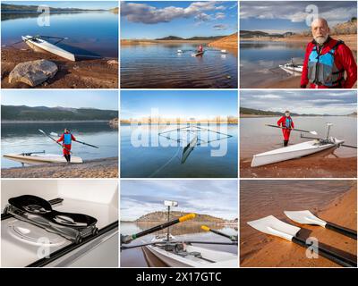 collection of images from winter rowing on lakes in northern Colorado featuring the same senior male rower wearing a drysuit Stock Photo