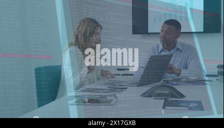 Image of data processing against diverse male and female colleagues discussing at office Stock Photo