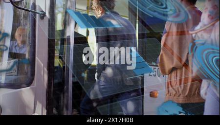 Image of scope scanning and data processing over diverse people in bus Stock Photo