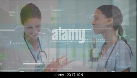 Image of statistics and data processing over diverse doctors Stock Photo