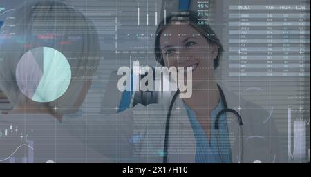 Image of statistics and data processing over caucasian female doctor Stock Photo