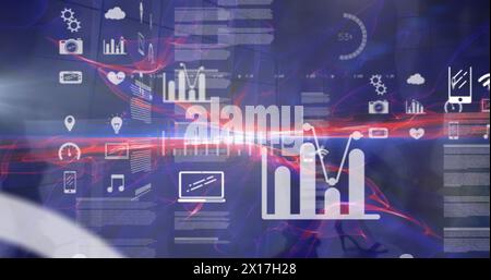 Image of computer icons with languages, graphs, trading data and flare on abstract background Stock Photo