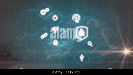Image of icons over numbers icons and data processing on black background Stock Photo