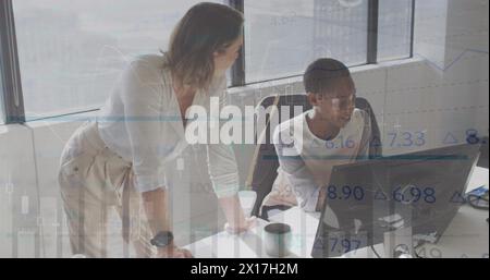 Image of infographic interface over multiracial coworkers discussing over laptop at office Stock Photo