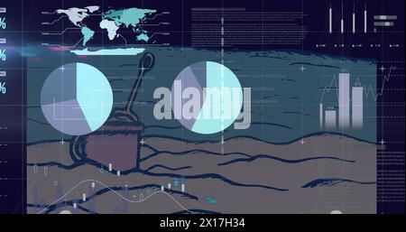 Image of infographic interface with database over sand pail and shovel at beach Stock Photo