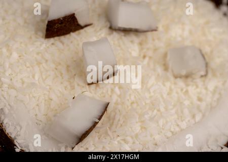 white coconut pulp and dried coconut flakes, a close-up of which is used in the preparation of desserts Stock Photo
