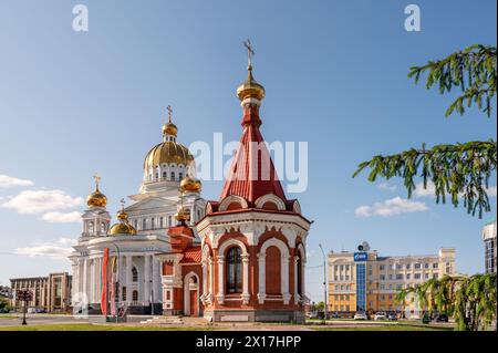 Saransk, Russia - June 4, 2023 - Cathedral of St. Theodore Ushakov, Alexander Nevsky Chapel and the monument to Mordovia soldiers who perished in the Stock Photo