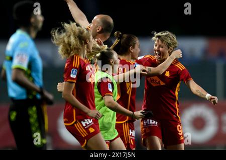Rome, Italy. 15th Apr, 2024. AS Roma players celebrate at the end of the Women Serie A 2023/2024 football match between AS Roma and Juventus FC at Tre Fontane stadium, Rome (Italy), April 15th, 2024. Credit: Insidefoto di andrea staccioli/Alamy Live News Stock Photo