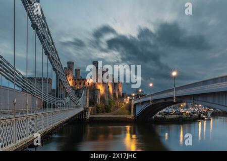 Conway Castle (Castell Conwy) and the suspension bridge designed by Thomas Telford. Stock Photo
