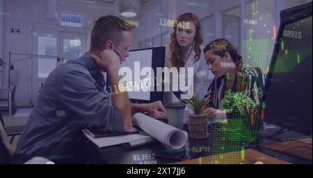 Image of statistics and data processing over diverse business people working in office Stock Photo