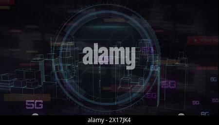 Image of icons with city and data processing on black background Stock Photo