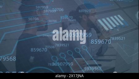 Image of data processing over diverse business people having meeting at office Stock Photo