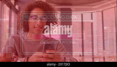 Image of data processing over biracial man using smartphone Stock Photo