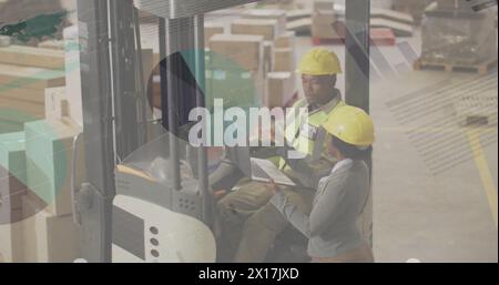 Image of statistic charts over african american workers in warehouse Stock Photo