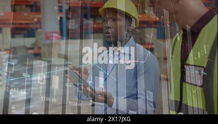 Image of statistic charts over diverse male workers in warehouse Stock Photo