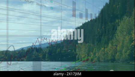 Image of data processing, stock market and diagram over landscape Stock Photo