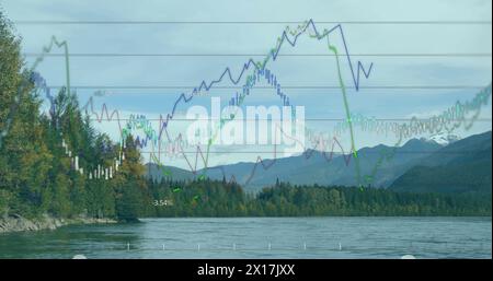 Image of data processing and diagram over landscape Stock Photo