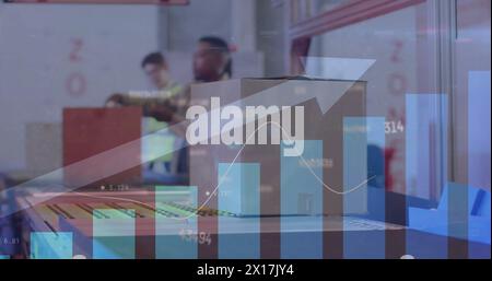 Image of statistic charts over diverse workers in warehouse Stock Photo