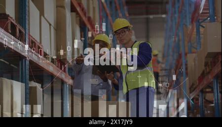 Image of statistic charts over diverse male workers in warehouse Stock Photo
