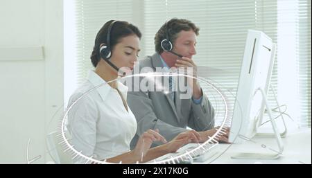 Image of network of connections over happy diverse office workers wearing headsets Stock Photo