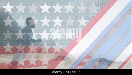 Image of stripes and stars moving over couple running on street Stock Photo