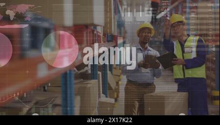 Image of statistic charts over diverse male workers in warehouse Stock Photo