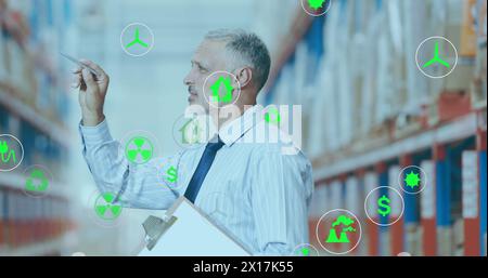 Image of network of eco and environmentally friendly icons worker of the ware house Stock Photo