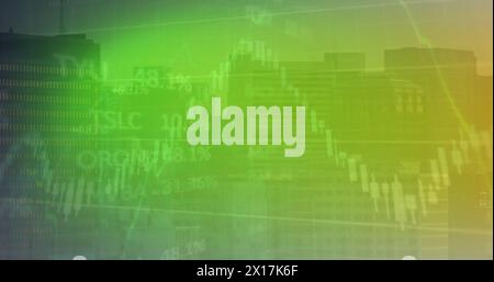 Image of financial data processing and cityscape over green background Stock Photo