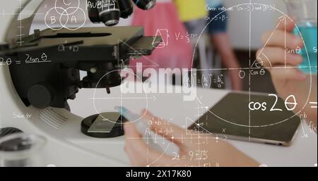 Image of mathematical formulae over student using microscope Stock Photo