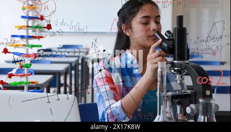 Image of mathematical formulae over student using microscope Stock Photo