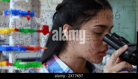 Image of mathematical formulae over student using microscope Stock Photo