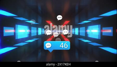 Image of social media reactions over tunnel made of moving neon lights Stock Photo