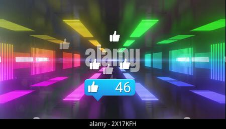 Image of social media reactions over tunnel made of moving neon lights Stock Photo