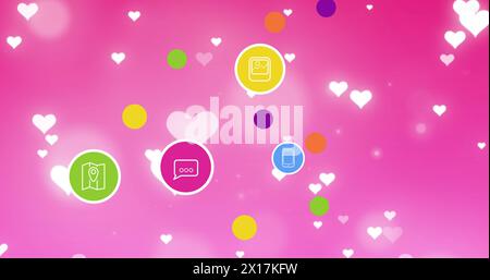 Image of social media reactions and hearts floating over pink background Stock Photo